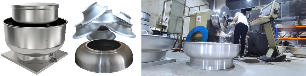 Roof fans：downblast exhaust roof fan & inlet funnel for centrifugal fan & roof fans shroud by metal spinning