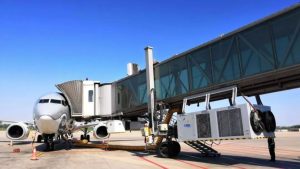 Air conditioning outdoor panel on the airport bridge